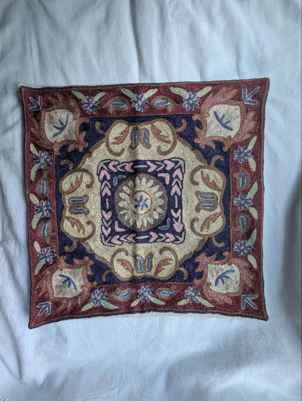 Floral Medallion Embroidered Square Pillow Cover